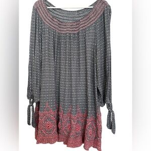 Fever 2XL Tunic – Boho Geo Print, Red Embroidery